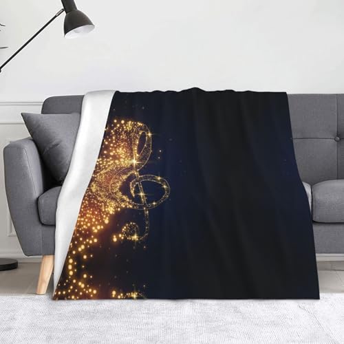 JBYJBX Überwurfdecke mit goldener Musiknote mit glänzendem Sternendruck, Anti-Pilling-Flanell, leicht, für Reisen, Zuhause, Dekoration, Geschenke von JBYJBX