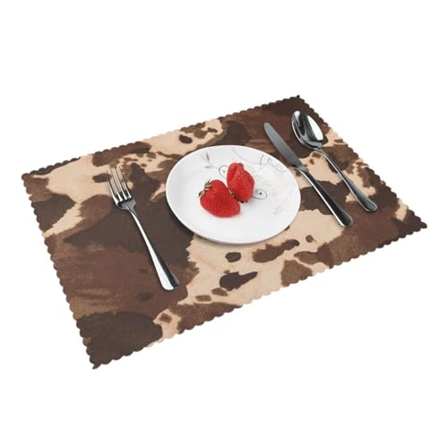 Jbyjbx Braun Rindsleder Kunstdruck Tischsets für Esstisch 4er Set rutschfest hitzebeständig waschbar für den täglichen Gebrauch von JBYJBX