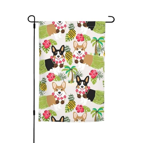 Jbyjbx Tropische Blume und Corgi-Druck, wunderschöne Gartenflagge, Outdoor-Flagge, Hof-Dekoration, Veranden, Gärten, farbecht von JBYJBX