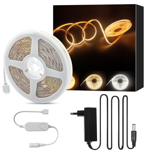 JBdusn 24V COB LED Streifen CCT, 5m Abstimmbar Warmweiß Kaltweiß LED Strip light Set, Dimmbar 608LEDs/m led Band CRI 90+ Hohe Helligkeit 2700K-6500K Lichtband mit Tuya-Controller und Netzteil von JBdusn