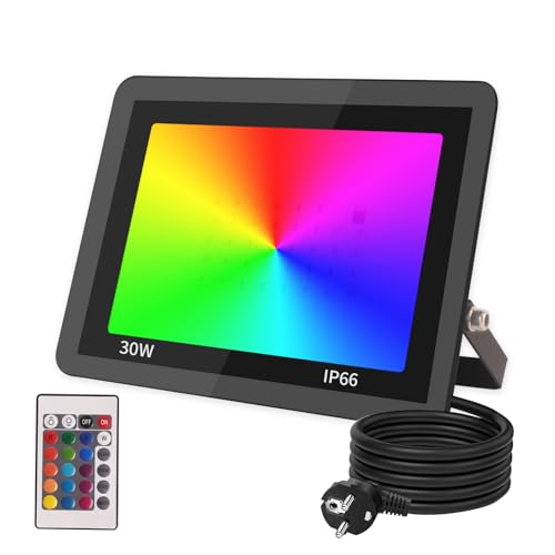 JBdusn RGB LED Strahler 30W Fluter Außen Mit Fernbedienung, Flutlichtstrahler 16 Farben 4 Modi Farbwechsel Flutlicht LED Innen, IP66 Wasserdicht Außenstrahler Scheinwerfer Garten Stimmungslichter von JBdusn