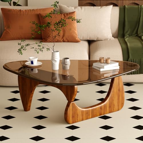JCAJCA Couchtisch für Wohnzimmer, Mitte des Jahrhunderts, moderner Mitteltisch mit Glasplatte und Eichenholz, Braun/Walnuss von JCAJCA