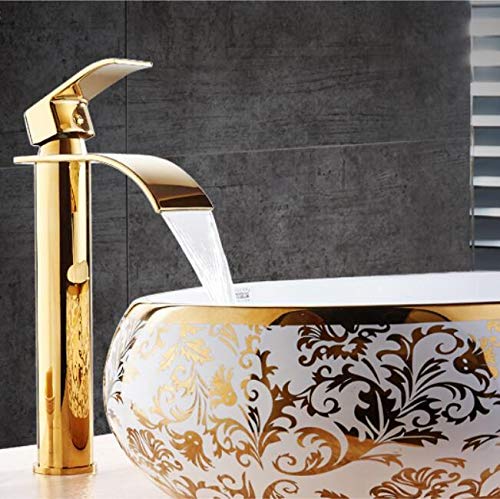 Ankunft Badezimmer Wasserhahn warm und kalt Kran Messing Waschbecken Wasserhahn Wasserfall Waschbecken Wasserhahn Einhand-Wasserhahn (Color : Gold tall) von JCAKES