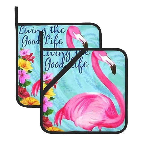 Flamingo Blumen Topflappen Sets Quadratische Wärmedämmung Topflappen (2er Set) Mikrowellen-Handschuhe, Verbrühungsschutzhandschuhe, Ofenhandschuhe von JCAKES