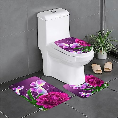 JCAKES Badematten-Sets – Schöne lila Schmetterlings-Blumen-Badezimmermatte Badezimmerteppich, rutschfeste Fußmatte für Whirlpool, Boden und WC-Vorleger, 3-teiliges Set, langlebige Flanell-Bodenmatte von JCAKES