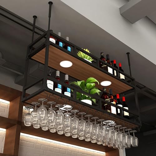 JCAKES Weinregale Industrielles Vintage-Bar-Schweberegal mit Lichtern, an der Decke montierter hängender Weinflaschenhalter, Bar-Glaspräsentationsständer Deckenhängende (Color : Noir, Size : 60x30cm) von JCAKES