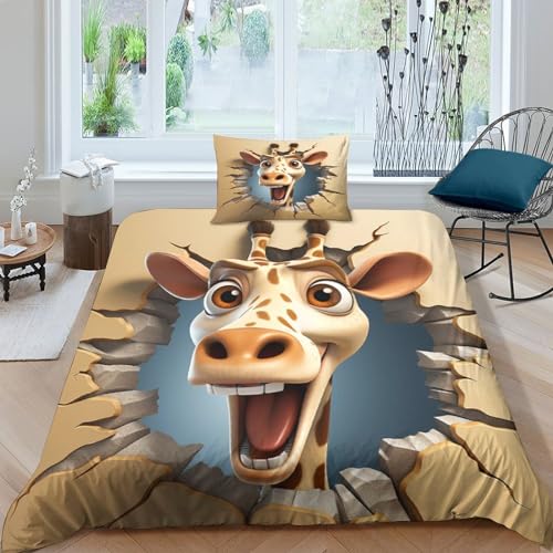 JCAKES Zeichentrickfilm Giraffe 3D Druck Betten Set Bettwäsche Set Microfaser Qualität Reißveschluss Bettbezug-Set Mit Kissenbezug Für Schlafzimmer, Weiche Bequemer 2 Teilig Single（135x200cm） von JCAKES