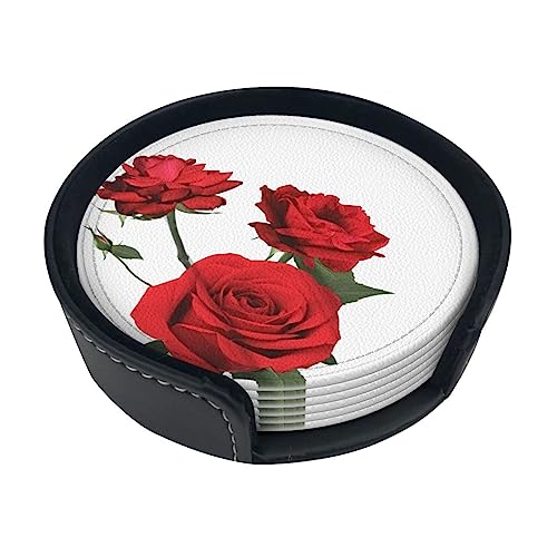 Rote Rose Runde Leder Untersetzer (6 Stück) Untersetzer Untersetzer Set mit 6 personalisierten Untersetzern Tassenuntersetzer lustige Untersetzer von JCAKES
