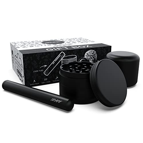 Keramik Grinder Set Crusher ø 63mm Kräutermühle Haftfrei | inkl. Joint Hülle und Stabile Stash Metall Dose ø55x46mm | Premium Grinder Set Schwarz von JCASE