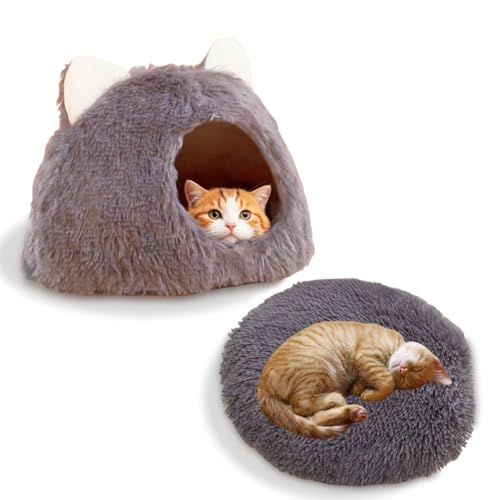 Rundes Katzenbett mit Kapuze für Hauskatzen, gemütliches Katzenhöhlenbett mit abnehmbarem, waschbarem, weichem Kissen und rutschfester Unterseite, warmes, süßes Haustiernest für Kätzchen, kleine Hunde Rundes Katzenbett mit Kapuze für Hauskatzen, gemütliches Katzenhöhlenbett mit abnehmbarem, waschbarem, weichem Kissen und rutschfester Unterseite, warmes, süßes Haustiernest für Kätzchen, kleine Hunde von JCATPD