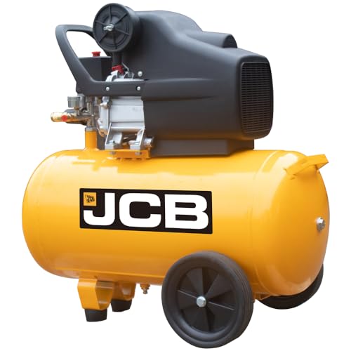 JCB Druckluft Kompressor AC50 (8 bar Betriebsdruck, 50 Liter Kessel, 257 Liter/min Ansaugleistung, 1800W, Manometer, Druckregler, Überlastschutz, Vollgummiräder) Luftkompressor von JCB