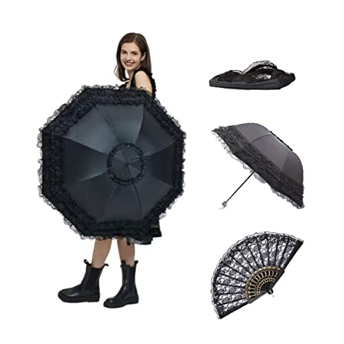 JCBFUME Damen Lolita Vintage Spitze Sonnenschirm Gothic Regenschirm für UV Sonnenschutz Hochzeit Dekoration Schwarz Spitze Cosplay Sommer von JCBFUME