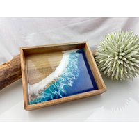 Kleines Resin-Tablett Mango-Holz Unikat Laser Strand Meer Wellen Anker Epoxidharz Ozean Möwe Epoxy Frühstückstablett Serviertablett Blau von JCFeuerholz