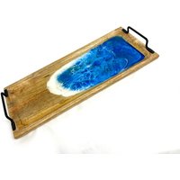 Resin-Tablett Mit Metallgriffen/ Mango-Holz/ Unikat/Laser Strand, Meer, Wellen, Epoxidharz, Harz, Epoxy, Frühstückstablett von JCFeuerholz