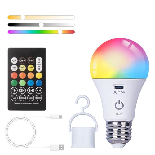 JCPYIUL Glühbirne USB Aufladbar mit Batterie, Smart Glühbirne E27 Dimmbar mit Fernbedienung, 3 Farbtemperaturen+8 Farben+Timer, 6W RGB JCPYIUL Glühbirne USB Aufladbar mit Batterie, Smart Glühbirne E27 Dimmbar mit Fernbedienung, 3 Farbtemperaturen+8 Farben+Timer, 6W RGB von JCPYIUL