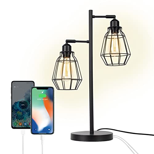 JCPYIUL Schreibtischlampe mit 2 USB-Ladeanschluss Schwarz Metall Tischlampe Industrielle Stehlampe Rustikale Moderne Vintage Arbeitslampe für Schlafzimmer Büro Wohnzimmer von JCPYIUL