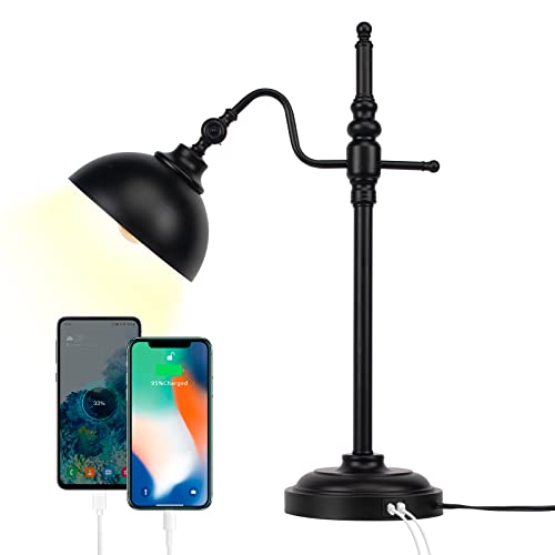 JCPYIUL Schreibtischlampe mit 2 USB-Ladeanschluss Schwarz Metall Tischlampe Industrielle Stehlampe Rustikale Moderne Vintage Arbeitslampe für Schlafzimmer Büro Wohnzimmer von JCPYIUL