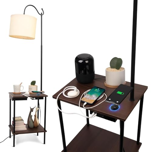 JCPYIUL Stehlampe Schwarz mit Tisch, Stehlampe Wohnzimmer Industrial mit Doppelten Regal, 2 USB-Anschlüsse, Stehlampe Schreibtisch für Arbeitszimmer, Wohnzimmer, Büro, Schlafzimmer von JCPYIUL