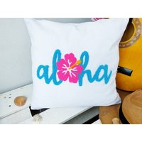 Aloha Lochnadelkissen, Kissenbezug, Blaues Handgemachtes Kissen, Weißes Blumenkissen, Dekokissen, Rosa Blumenkissen von JCRAFTDESIGNCo