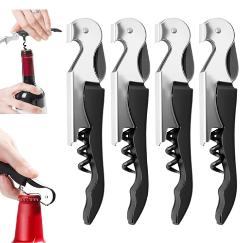 4 Stück Professioneller Korkenzieher, Weinflaschenöffner Sommelier für Alle Arten von Kork und Bierflaschen mit Teflon-Spirale + Folienschneider (Schwarz) von JCSJK
