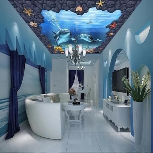 JCSMKFQ Deckenwandbild 3D Wohnzimmer Tapete Unterwasserwelt Delphin Korallen Innendeckendekoration Wandkunst Malerei Aufkleber von JCSMKFQ
