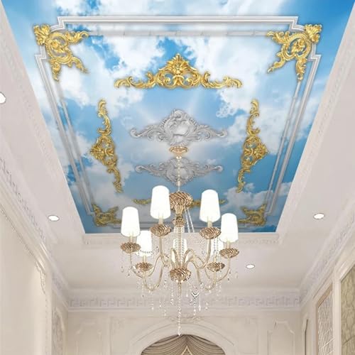 JCSMKFQ Deckenwandbild 3D Wohnzimmer Tapete blauer Himmel weiße Wolke Gips Linie Schnitzerei Innendecke Dekoration Wand Kunst Malerei Aufkleber von JCSMKFQ