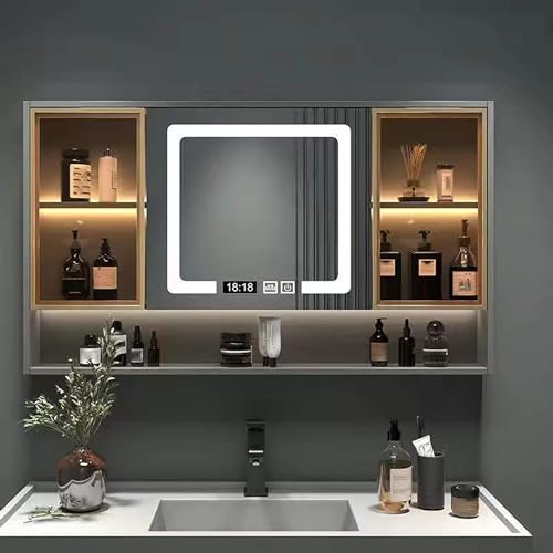 Badezimmerschrank mit Spiegel Moderner LED Spiegelschränke fürs Bad, Spiegelschrank Bad mit Stauraum, Antibeschlagvorrichtung, uhr und Temperatur, Dämpfende Scharniere ( Color : Grau , Size : 90*13*70 von JCSRYD
