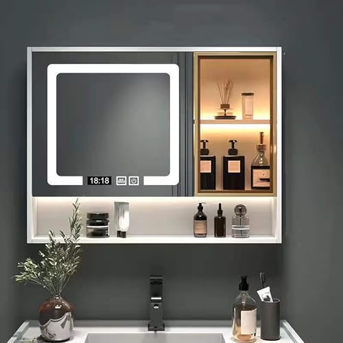 Badezimmerschrank mit Spiegel Moderner LED Spiegelschränke fürs Bad, Spiegelschrank Bad mit Stauraum, Antibeschlagvorrichtung, uhr und Temperatur, Dämpfende Scharniere ( Color : Wit , Size : 70*13*70c von JCSRYD