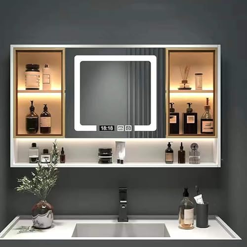 Badezimmerschrank mit Spiegel Moderner LED Spiegelschränke fürs Bad, Spiegelschrank Bad mit Stauraum, Antibeschlagvorrichtung, uhr und Temperatur, Dämpfende Scharniere ( Color : Wit , Size : 90*13*70c von JCSRYD