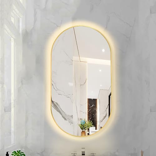 Badspiegel mit Beleuchtung Gewölbter Spiegel mit Metallrahmen, LED-Beleuchteter Spiegel für Badezimmer, Wandmontierter, Beschlagfreier, Dimmbarer Spiegel für Schlafzimmer, CRI 90+ ( Color : Gold , Siz von JCSRYD
