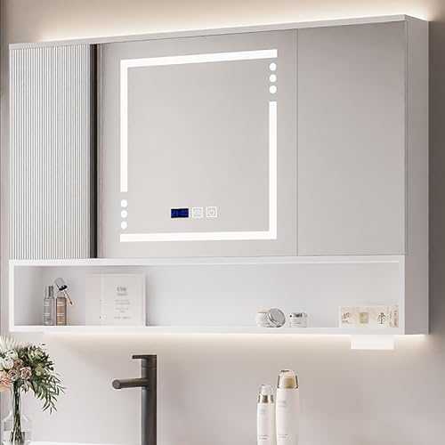 JCSRYD Badezimmer Spiegelschrank Badezimmer Wandschrank mit 3 Spiegeltüren, Spiegelschrank Bad mit Beleuchtung, für Badezimmer, Waschküche, Küche (Color : White with Light, Size : 90cm/35in) von JCSRYD