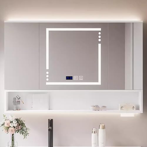 Spiegelschrank Bad mit Beleuchtung, Wandmontierter Spiegelschrank mit 2/3 Türigem Stauraum, Antibeschlagfunktion, Einstellbarer Farbtemperatur und Dimmer ( Color : Wit , Size : 120*80*14cm/47*31*6in ) von JCSRYD