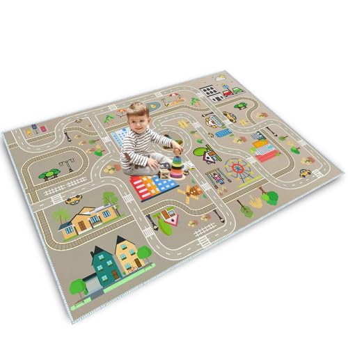 Autoteppich kinder,spielteppich kinder straße,kinderteppich für Jungen&Mädchen,Spielmatte Fahrzeugteppich Bauteppich,Stadt Lernbereich Teppich Pädagogisch für Schlafzimmer&Spielzimmer(B,100x160cm) von JCTQBHQF