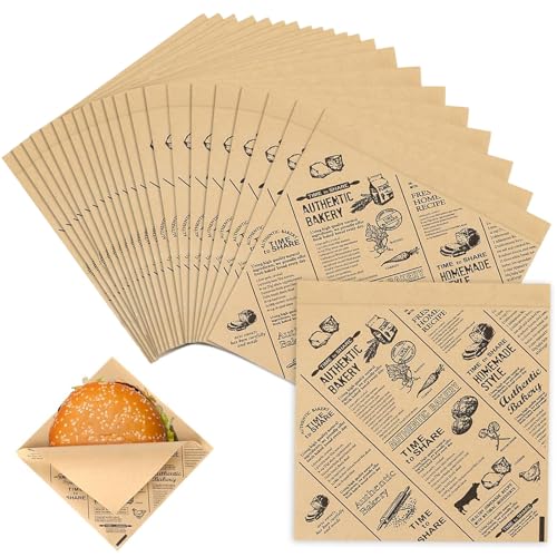 100 Stück Deli Papierblätter, 18 x 18 cm Dickes Burger Papier, Wasserdicht und Öl, 100% recycelbar, ideal für Burger, Pommes, Partysnacks Imbiss, Butterbrot von JCUQGDOO