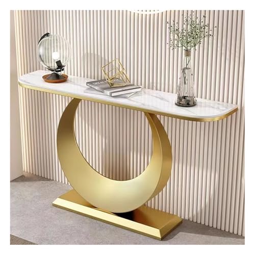 JCWGLY Konsolentisch Moderner Konsolentisch Für Den Eingangsbereich Als Wohndekor, Schmaler Sofatisch Mit 12 Mm Steinplatten-Tischplatte Und Stabilem Metallsockel(Gold+White,100cm/39.4in) von JCWGLY