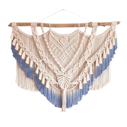 JCWGLY Makramee Wandbehang Handgewebter Makramee-Wandbehang Mit Batik-Quaste, Wandteppich Für Sofa, TV-Wand, Nachttisch, Hintergrunddekoration, Mit Holzstange(Blue) von JCWGLY