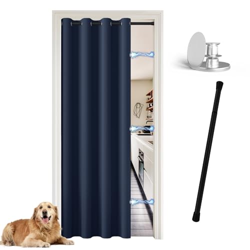 JCyh Türvorhang mit Stange und Magnetknopf, Vorhang Blickdicht mit Ösen für Wohnzimmer, Tür Vorhang innen ohne Bohren, Türvorhang Dunkelblau + Teleskopstange Schwarz 70-125 cm von JCyh