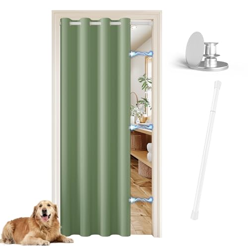 JCyh Türvorhang mit Stange und Magnetknopf, Vorhang Blickdicht mit Ösen für Wohnzimmer, Tür Vorhang innen ohne Bohren, Türvorhang Salbeigrün + Teleskopstange Weiß 70-125 cm von JCyh