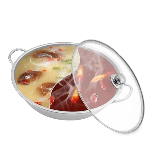 Edelstahl Kochtopf, 35cm Hot Pot mit Glasdeckel, Suppentopf Fleischtopf Nudeltopf Spaghettitopf, Stainless Steel Cooking Pot Electric Induction Cooktop Gas Stove von JDBDU