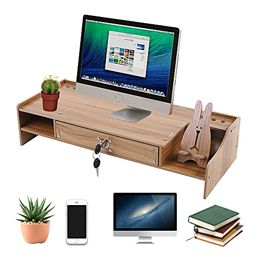 JDBDU Monitorständer mit Schublade, Monitorständer Holz Schreibtisch Erhöhung Tischaufsatz Monitorerhöhung Holz Desktop Storage Organizer 48*20*10.5cm von JDBDU