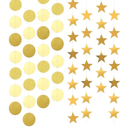 JDCMEI 4 Stücke Sterne Runde Girlande, Reflective Hängend Papiergirlande Gold Glitzer Runde Kreis Banner Girlande Gold Dekorationen Party für Geburtstagsparty, Hochzeit, Weihnachten Party von JDCMEI