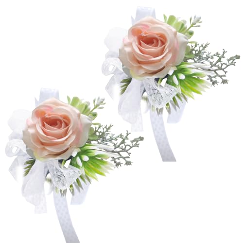 2-teiliges Künstliches Rosen-Handgelenk-Corsage, Handgelenk-Corsage-Boutonniere-Set, Handgefertigte Seiden-Handgelenk-Blume, Corsage-Armbänder-Dekoration für Abschlussball, Mutter von Braut(Rosa) von JDEFARF