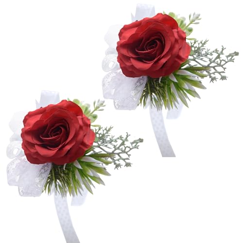 2-teiliges Künstliches Rosen-Handgelenk-Corsage, Handgelenk-Corsage-Boutonniere-Set, Handgefertigte Seiden-Handgelenk-Blume, Corsage-Armbänder-Dekoration für Abschlussball, Mutter von Braut(Rot) von JDEFARF