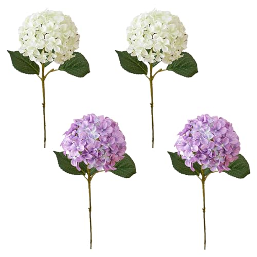 4 Stück 1,97 Fuß Lebensechte 3D-Druck Künstliche Hortensienblüten, Echte Seidenhortensienblüten, Künstliche Hortensienstiele für Heimbüro-Tischaufsätze,(4pcs-weiß grün+lila) von JDEFARF