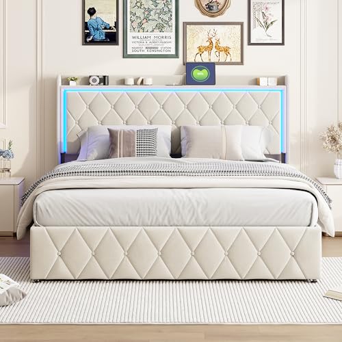 Beige Velvet 160x200 cm Gepolstertes Doppelbett Bettgestell mit 2 USB- und LED-Kopfteilen Staufach Hydraulischer Metallrahmen mit Lattenrost - Matratze nicht enthalten (Beige-C, 160x200cm) von JDEFARF