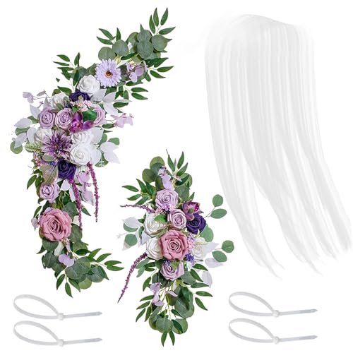 Bogenblumen mit Durchsichtigen Vorhängen (3er-Set), 2 Hochzeitsblumen mit 1 Vorhangstoff für Hochzeitszeremonie und Empfangshintergrund, Bogendekoration(Lila) von JDEFARF