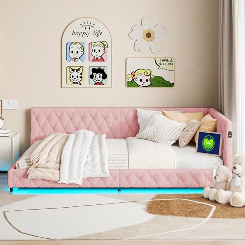 JDEFARF 140x200 cm Teddy-Fleece-Bett/Sofa mit LED-Beleuchtung & USB-Ladeanschlüssen - Rosa Multifunktionsmöbel für kleine Räume (Rosa, 140 x 200 cm) von JDEFARF