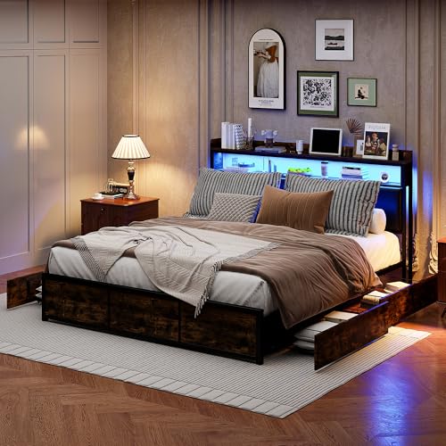 JDEFARF 160 x 200 cm schwarzes PU-Bettrahmen mit LED-Lichtern, 4 Schubladen, Kopfteil Stauraum, Lattenrost – Matratze nicht im Lieferumfang enthalten (Metall, 160 x 200 cm) von JDEFARF