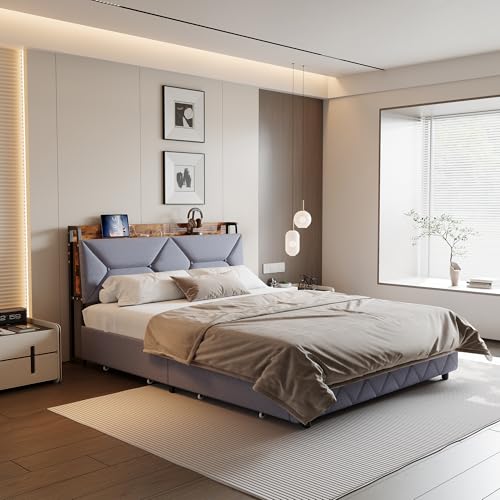 JDEFARF Bettgestell 140x200 cm, gepolstertes Doppelbett, Grau mit USB, 4 Schubladen und Kopfteilablage, modernes Plattformbett für Schlafzimmer (Grau-E, 140 x 200 cm) von JDEFARF