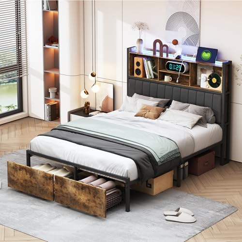 JDEFARF Bettkasten, 160 x 200 cm aus Metall und Holz mit Stauraum – Doppelbett für Erwachsene & Jugendliche, Kopfteil mit Regalen, 2 große Schubladen, integrierte LEDs, USB – robustes & elegantes JDEFARF Bettkasten, 160 x 200 cm aus Metall und Holz mit Stauraum – Doppelbett für Erwachsene & Jugendliche, Kopfteil mit Regalen, 2 große Schubladen, integrierte LEDs, USB – robustes & elegantes von JDEFARF